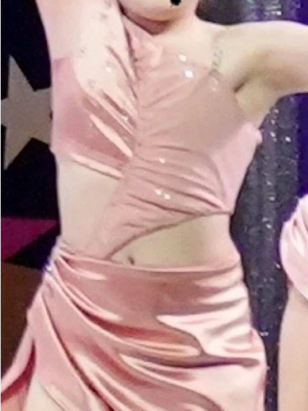 CXL Light Pink Satin Dance Costume with Sequins and Stones and Asymetrical Skirt